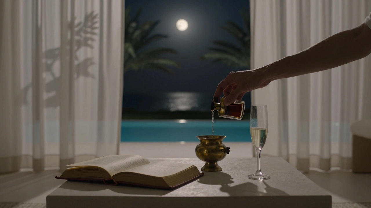 A minimalist villa interior with perfume burner and open book under moonlight.