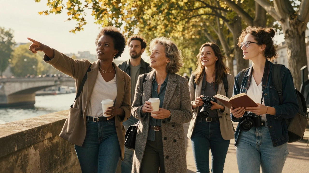 Diverse female companions engage with travelers in a sunlit Parisian park, each sharing a unique moment of connection.