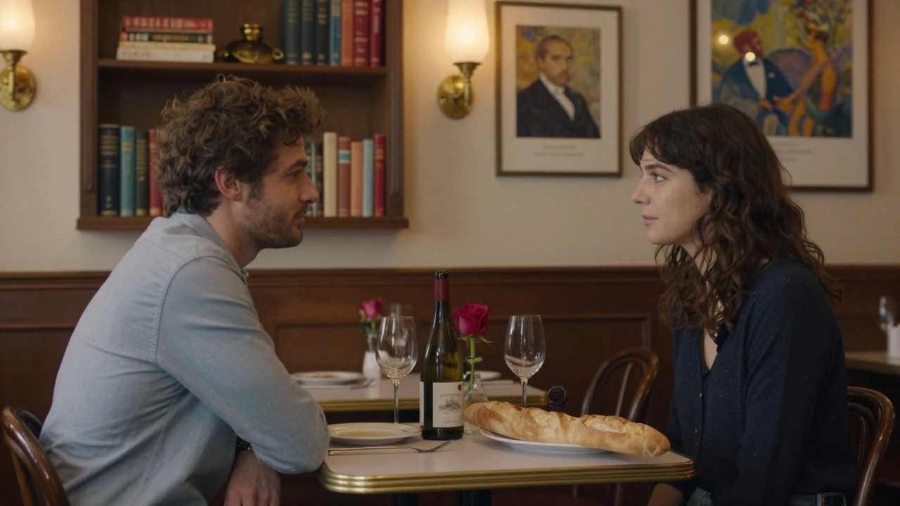 Two people share a quiet dinner in a Parisian bistro, wine and bread on the table, soft lighting enhancing the intimate atmosphere.